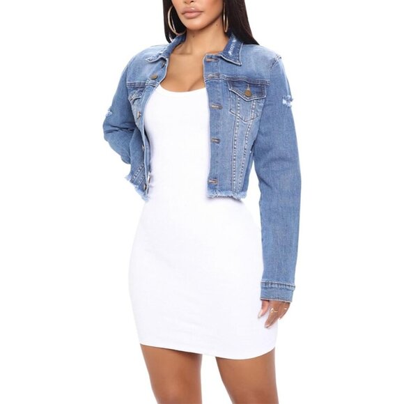 Women's Frayed Denim Shacket Long Sleeve Cropped Casual Coat